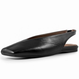 Vierkante Neus Platte Vintage Leer Slingbacks Zwarte