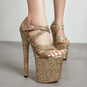 Sandaal Super Hoge Hakken Met Enkelbandje Plateau Peep Toe Sparkle Gesp Glitter Paaldans Going Out