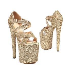 Sandaal Super Hoge Hakken Met Enkelbandje Plateau Peep Toe Sparkle Gesp Glitter Paaldans Going Out