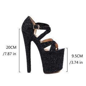 Sandaal Super Hoge Hakken Met Enkelbandje Plateau Peep Toe Sparkle Gesp Glitter Paaldans Going Out