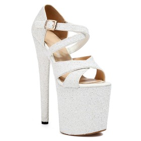 White Pole Dancing Shoes 8 inch Extreme High Heel Stilettos Sparkly Peep Toe Glitter Sandals With Ankle Strap Platform Round Toe