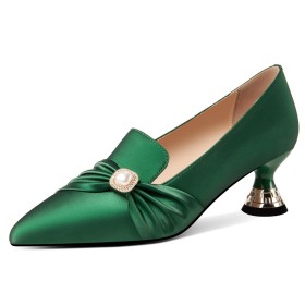 Low Heeled Elegant Pearl Comfort Dress Shoes Pumps Office Shoes Satin Pointed Toe