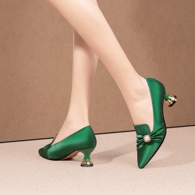 Low Heeled Elegant Pearl Comfort Dress Shoes Pumps Office Shoes Satin Pointed Toe