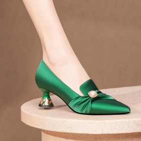 Low Heeled Elegant Pearl Comfort Dress Shoes Pumps Office Shoes Satin Pointed Toe