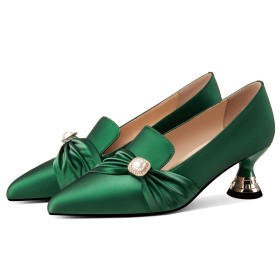 Low Heeled Elegant Pearl Comfort Dress Shoes Pumps Office Shoes Satin Pointed Toe