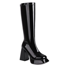 Faux Leather Patent Leather 2024 Platform Tall Boots Block Heel Round Toe Knee High Boots 4 inch High Heeled