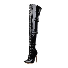 Mode Pfennigabsatz Mit 13 cm High Heels Spitz Boots Overknee Stiefel Schnürstiefel Schwarz