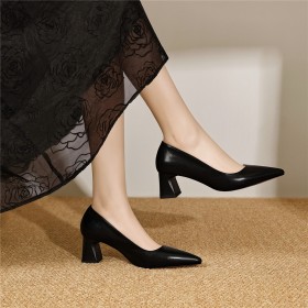 Beautiful Grained Thick Heel 5 cm Low Heel Leather Pointed Toe Comfort Slip On Block Heel