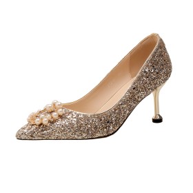 Elegant 2022 Pearls Gold Stylish Wedding Shoes For Bridal 7 cm Heel Glitter Stiletto Pumps Sparkly Evening Party Shoes Formal Dress Shoes Pointed Toe