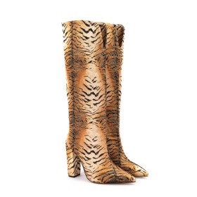 Knee High Boots Chunky Heel Fur Lined Ombre Velvet Leopard High Heels Tall Boot Brown Block Heels