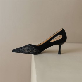 Élégant Escarpins Dentelle Daim Filet Chaussures Ceremonie Chaussure Mariage A Talon Mi Haut Chaussure Noire Talon Aiguille