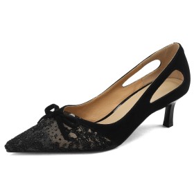 Élégant Escarpins Dentelle Daim Filet Chaussures Ceremonie Chaussure Mariage A Talon Mi Haut Chaussure Noire Talon Aiguille