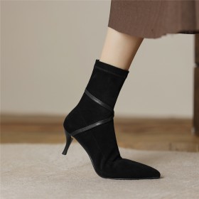 Fur Lined Business Casual Stiletto Heels Fashion Suede Ankle Boots Sock Boots 6 cm Heeled Black Vintage