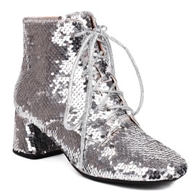 Block Heel Round Toe Fur Lined Thick Heel Glitter Evening Shoes Mid Heel Stylish Winter Lace Up Ankle Boots For Women Ombre