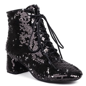 A Talon Mi Haut Noir Lacets Fourrées Talon Epais Talon Carré Degrade De Couleur Brillante Chaussures Ceremonie Bottines Paillettes Chaussure De Soirée