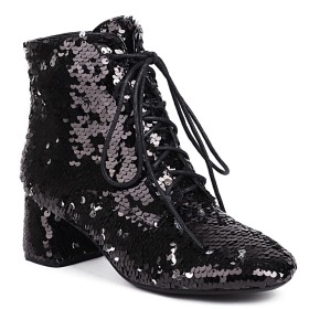 Sparkly Glitter Fashion Block Heels Ankle Boots For Women Mid Heels Thick Heel Evening Shoes Black