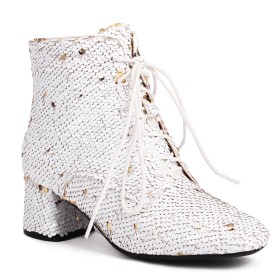 Sparkly Mid Heels Modern Evening Shoes Chunky Heel Block Heel Lace Up White Gradient Ankle Boots For Women Dressy Shoes Round Toe