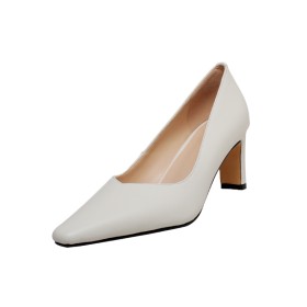 Pointed Toe Fashion Pumps Mid High Heeled Dress Shoes Leather Elegant White