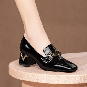 2 inch Low Heel Going Out Footwear Chunky Slip On Shoes Elegant Crocodile Print Business Casual Patent Block Heels Buckle