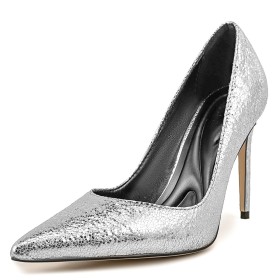 Dress Shoes Leather Silver Stiletto Heels Pumps Party Shoes 10 cm High Heels Sequin