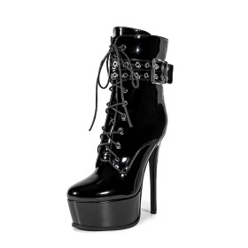 Veterschoenen Winter Spitse Neus Met Studs Ronde Neus Enkellaarsjes Stilettos Zwarte Klassiek Veterboots Lak 15 cm Hoge Hakken