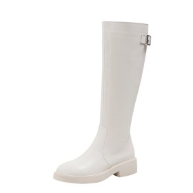 Vintage Flat Shoes White Fur Lined Patent Leather Tall Boot Knee High Boots Classic