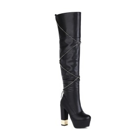 High Heel Metallic Plateau Blockabsatz Overknee Schwarze Mit Absatz Hohe Stiefel Casual Moderne