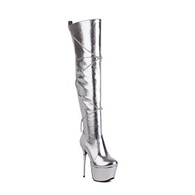 Super High Heels 2021 Boots Stilettos Gefütterte Moderne Plateau Lack Overknee Rund Spitze Silber Metallic Lederimitat