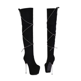 Winter Super High Heels Schwarze Absatzschuhe Hohe Stiefel Plateau Stilettos Klassisch Overknee