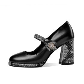 Business Casual Tacco Alto Tacchi Largo Lacci Caviglia Décolleté Plateau Scarpe Pitonati Eleganti Punta Tonda Pelle Classiche Con Strass