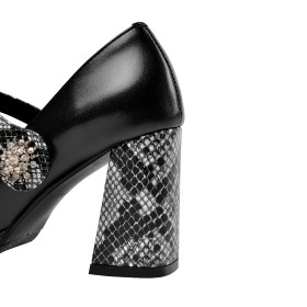 Elegant Round Toe Classic 3 inch High Heel Chunky Snake Printed With Ankle Strap Black Platform Pumps 2022 Block Heels