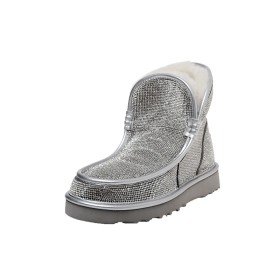 Mode Ankle Boots Pelz Rund Spitze Winter Flach Snow Boots Silber