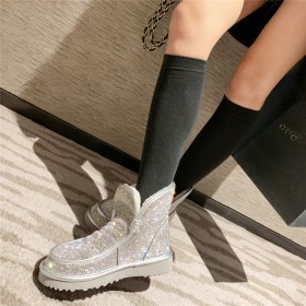 Sequin Fur Snow Boots Sparkly Fur Lined Faux Fur Stylish Silver Booties