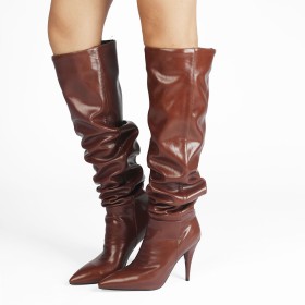 Classic Knee High Boot Brown Vintage Slouch Faux Leather Tall Boots Stiletto 4 inch High Heeled