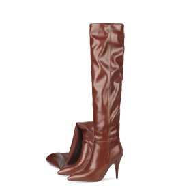 Classic Knee High Boot Brown Vintage Slouch Faux Leather Tall Boots Stiletto 4 inch High Heeled
