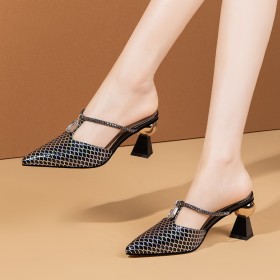 Patent Mules Crystal Dress Shoes Mid Heels Pointed Toe Elegant Sculpted Heel Closed Toe Sandals Black