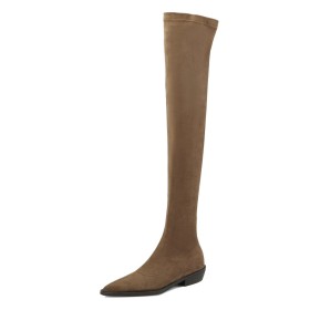 Casual Comfort Tall Boot Stretchy Suede Faux Leather Classic Over Knee Boots Closed Toe Flats Sock