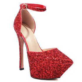 Stilettos Glitter Red Sandals With Ankle Strap Belt Buckle Evening Shoes Fashion 6 inch High Heel Platform Sparkly