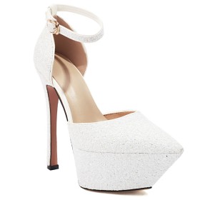 6 inch High Heel With Ankle Strap White Stilettos Belt Buckle Sparkly Sandals Party Shoes Formal Dress Shoes Stylish