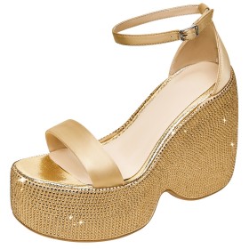 Luccicante Tacco Largo Plateau Lacci Caviglia Con Lacci Scarpe Da Sera Sandali Con Strass Glitter 11 cm Tacchi Alto Punta Quadrata Raso Moda