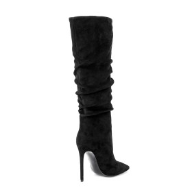 Fourrées Rétro Noir Knee Boots Bottes Hautes À Talon Aiguilles Plissées Tombantes Slip On