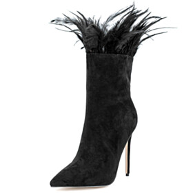 12 cm High Heeled Black Ankle Boots For Women Pointed Toe Stilettos Suede Fashion Fur Lined