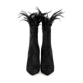 Moderne Pfennigabsatze Elegante Lederimitat Gefütterte Ballschuhe Schwarze Feder Mit 12 cm Hohe Absatz Stiefeletten Abendschuhe