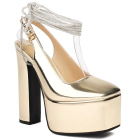 Sparkly 2024 Pumps Chunky Heel Platform Fashion Gold Formal Dress Shoes 15 cm High Heel Block Heel Rhinestones Evening Shoes Ankle Tie Metallic