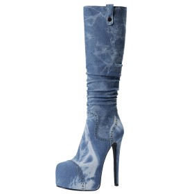 Bottes Haute Femme Boots Femme Plateforme Jeans Degrade De Couleur Talons Hauts Bleu Ciel Fermeture Éclair
