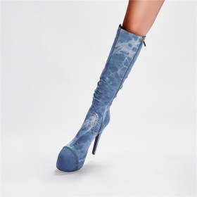 Bottes Haute Femme Boots Femme Plateforme Jeans Degrade De Couleur Talons Hauts Bleu Ciel Fermeture Éclair