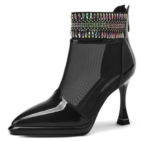 Rhinestones Stiletto Fringe Sparkly Stylish Leather Ankle Boots For Women High Heels Tulle Elegant Dress Shoes Pointed Toe Sandal Boots