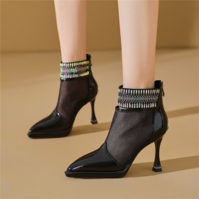 Rhinestones Stiletto Fringe Sparkly Stylish Leather Ankle Boots For Women High Heels Tulle Elegant Dress Shoes Pointed Toe Sandal Boots