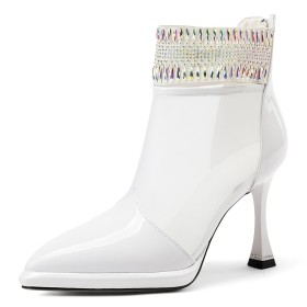 Sparkly Stiletto Heels High Heel White Fringe Tulle Ankle Boots With Rhinestones Elegant Sandal Boots Leather