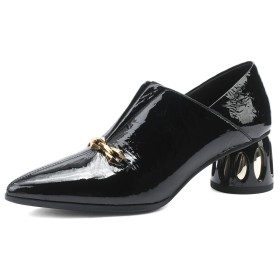 Black With Chain Patent Leather Chunky Elegant Comfort Dress Shoes Business Casual Leather Block Heel Pumps 6 cm Heel